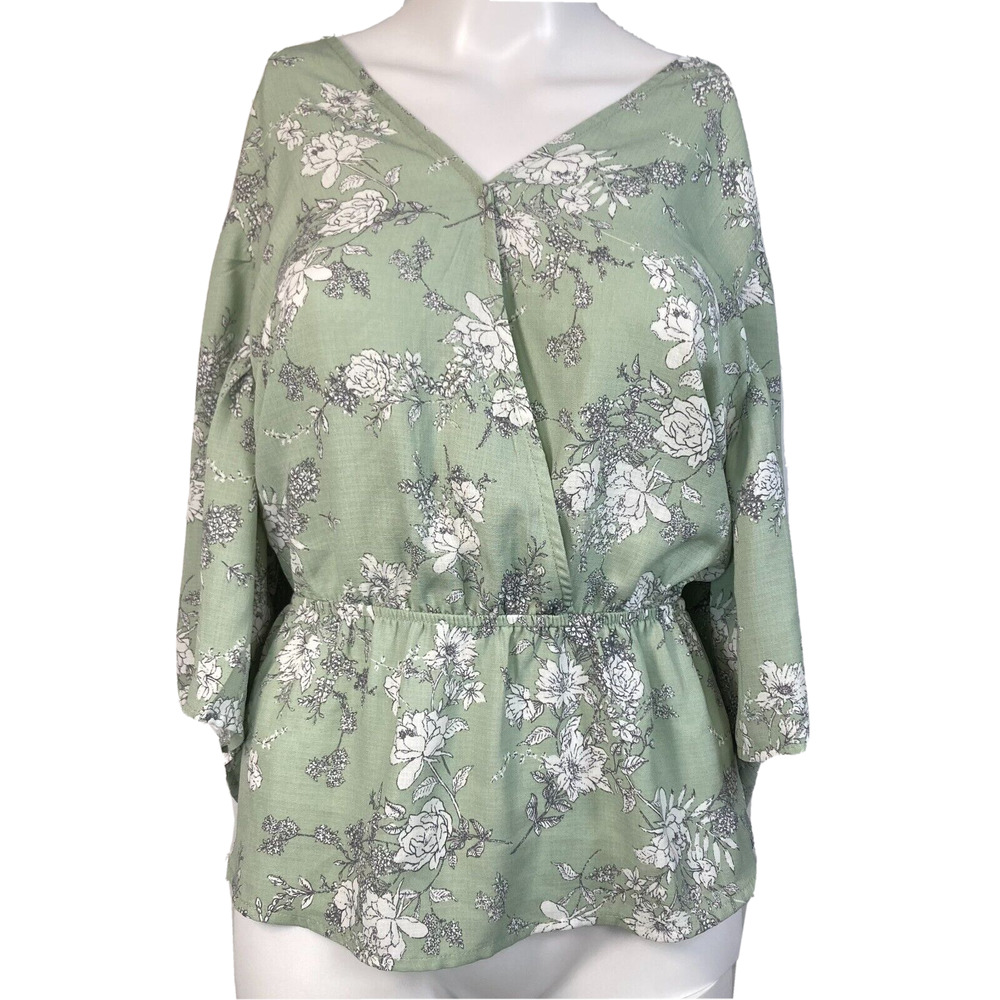 Sweet Rain Shirt‎ Womens Sz XL Green Floral Short Bell Sleeve Tie Waist Peplum